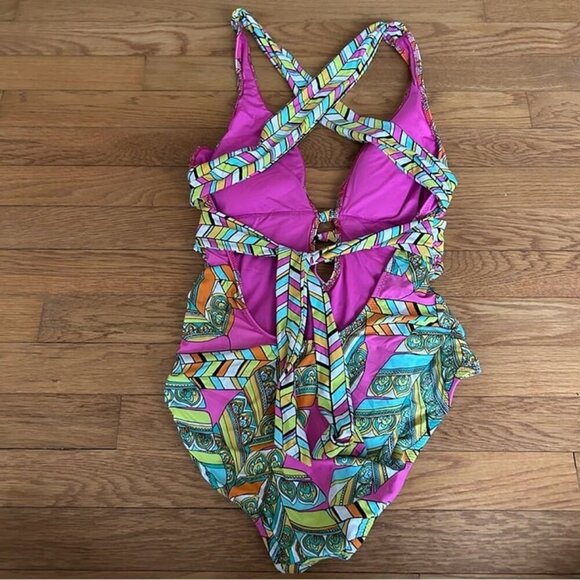 Trina Turk Geo Print Colorful Pink Green Deep V-Neck Open Back Swimsuit Size 10 - Picture 3 of 6